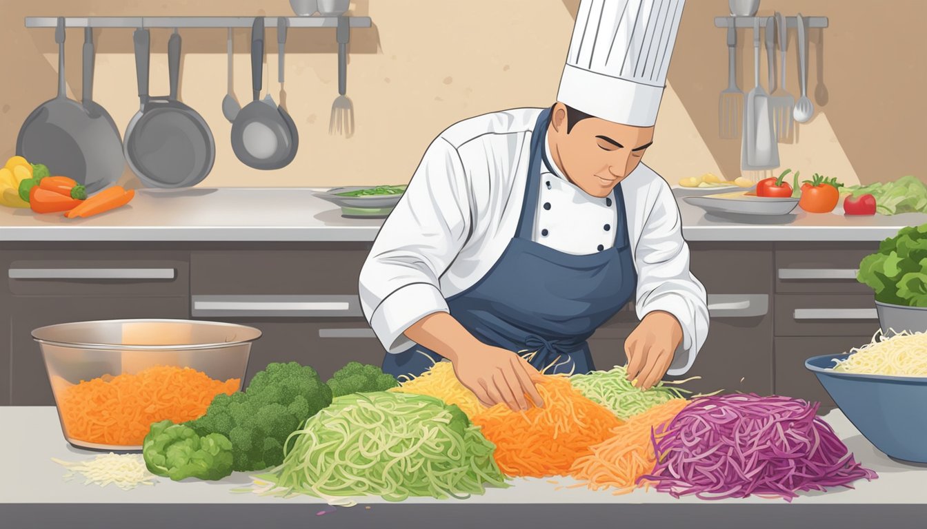 A chef grating fresh jicama and mixing it with colorful vegetables to create a crunchy slaw