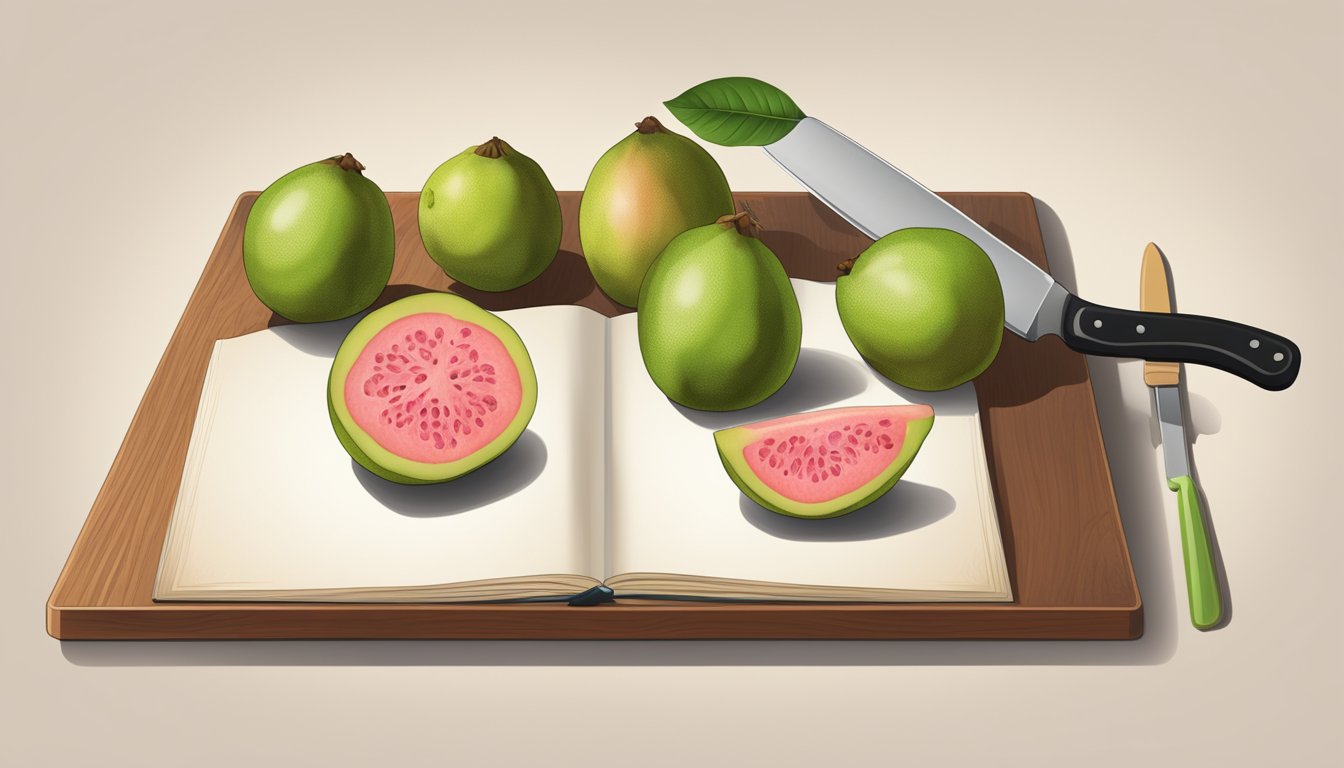 A kitchen counter with fresh guavas, a cutting board, knife, and a recipe book open to a guava dish