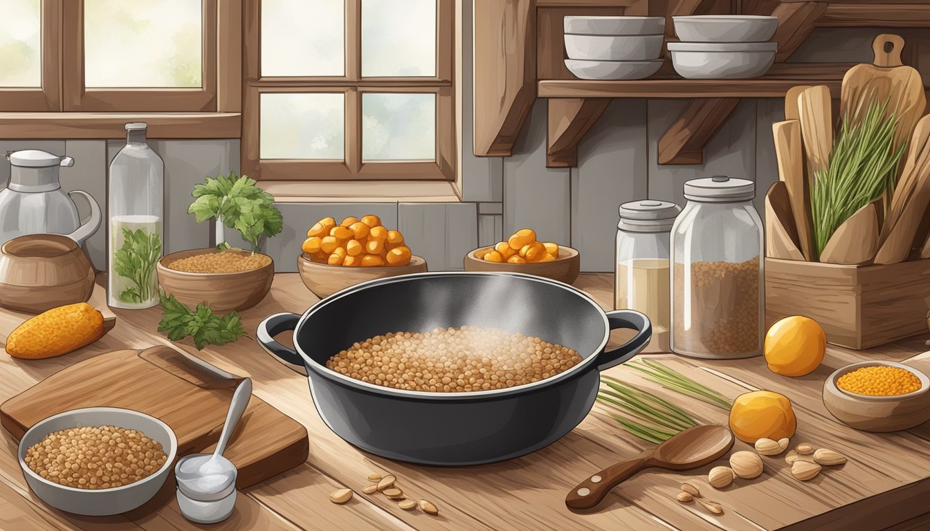 A rustic kitchen with a wooden cutting board, a bowl of farro, a pot of boiling water, and various ingredients for cooking