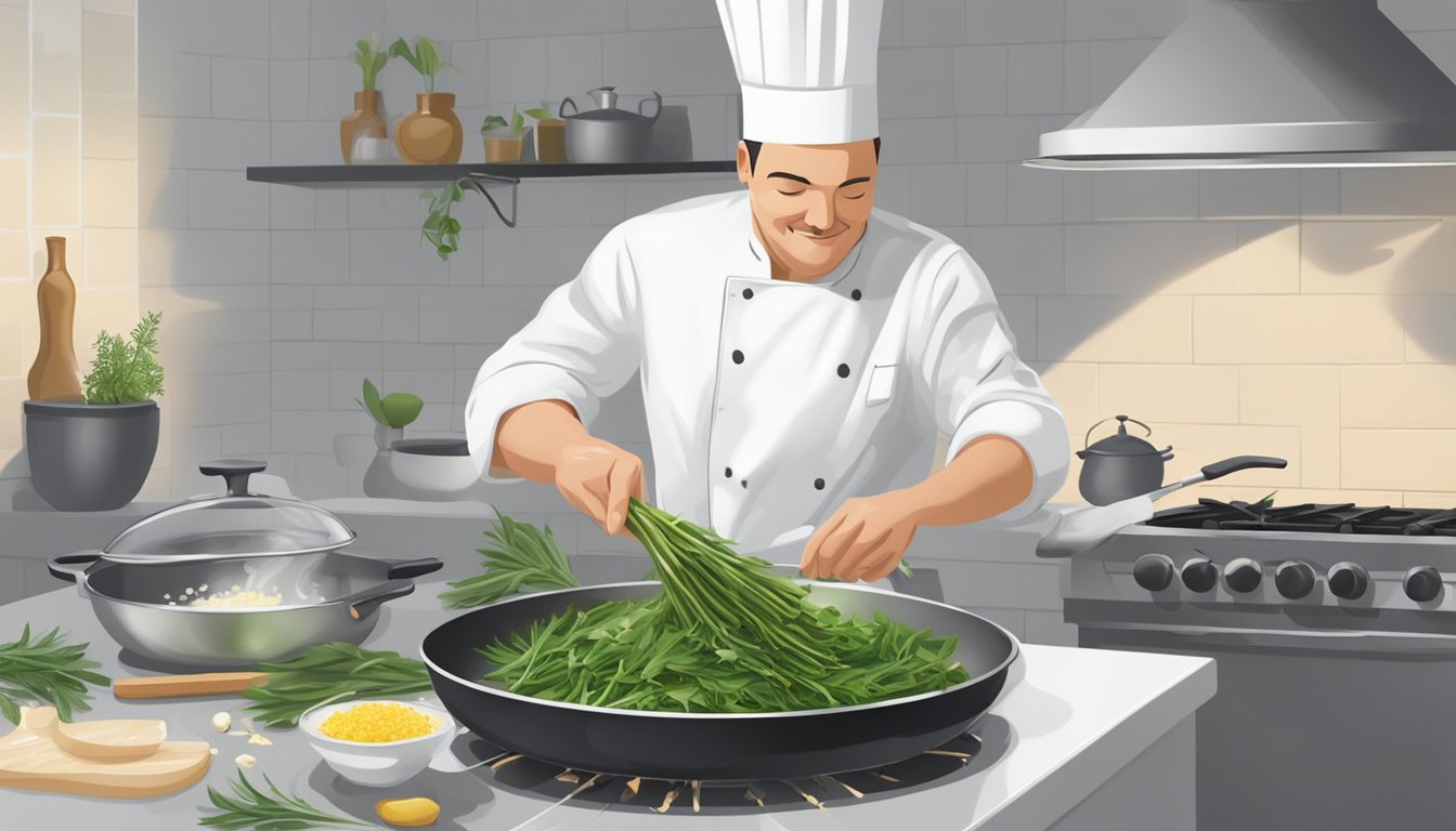 A chef adding dandelion greens to a sizzling pan of garlic and olive oil, releasing a fragrant, bitter aroma