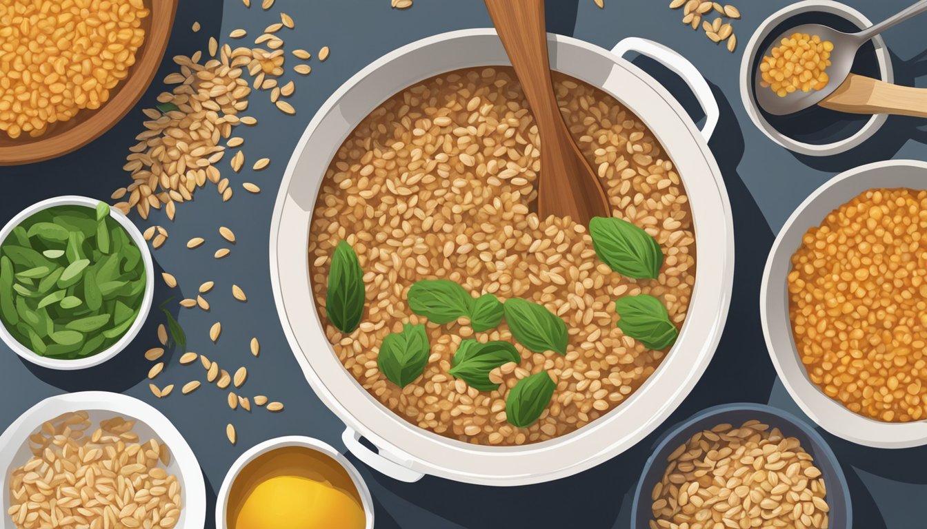 A wooden spoon stirring farro in a simmering pot, with a bowl of cooked farro and a variety of toppings ready for serving