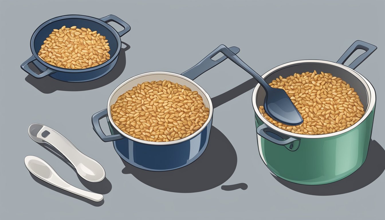 A pot of cooked farro with a lid beside a bowl of reheated farro, a spoon, and a container for storage