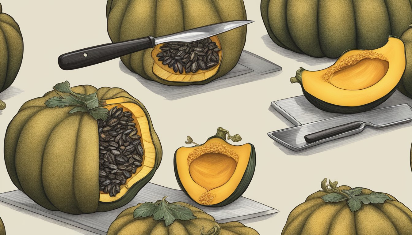 Acorn squash being sliced open, seeds being scooped out, and the flesh being seasoned and roasted in the oven