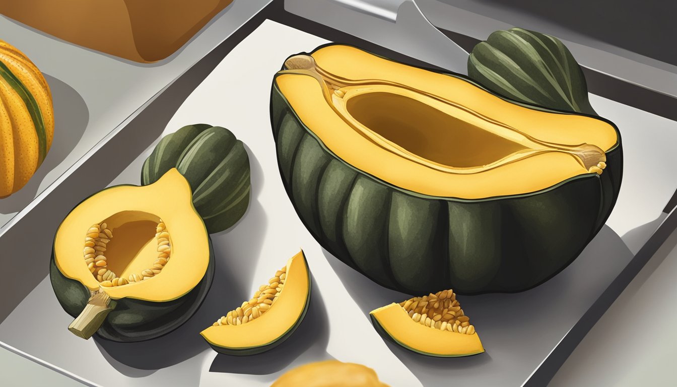 An acorn squash being sliced open and seeds being scooped out, followed by the squash being seasoned and placed in the oven to roast