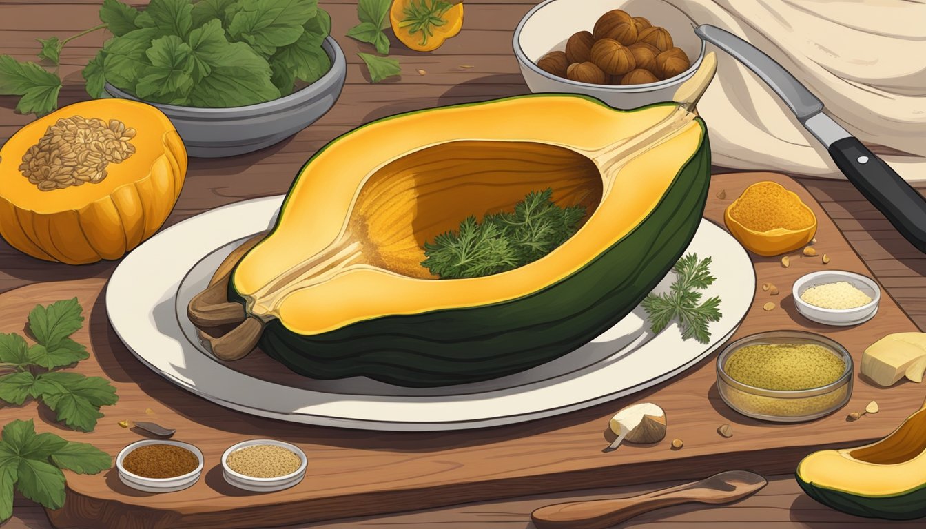 An acorn squash is being sliced open and seasoned with herbs and spices, while various ingredients for flavor pairings are arranged nearby