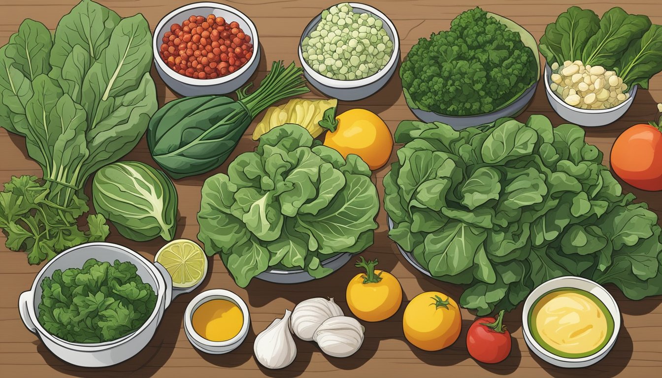 A colorful array of fresh collard greens and various flavorful ingredients arranged on a kitchen counter, ready to be cooked into nutrient-packed side dishes