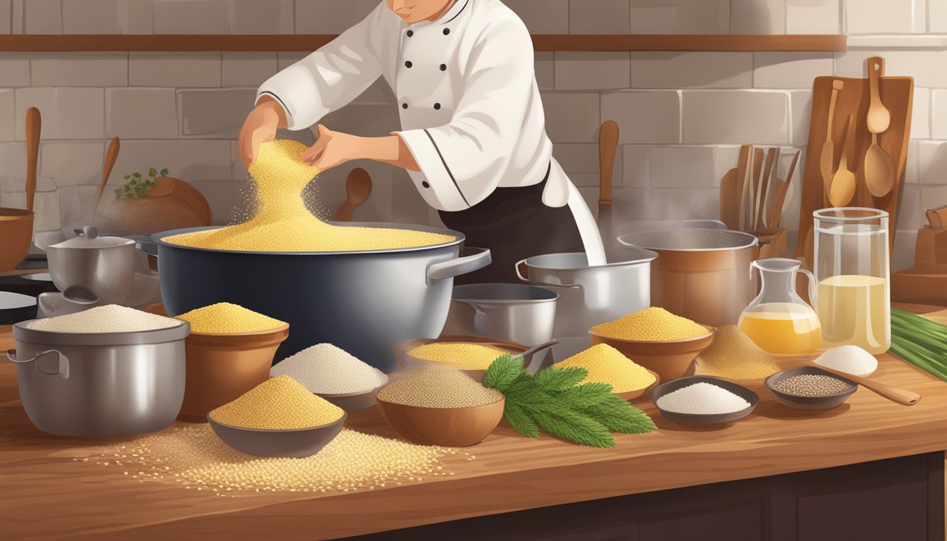 A chef pouring millet into a pot of boiling water, surrounded by various ingredients and cooking utensils on a wooden countertop