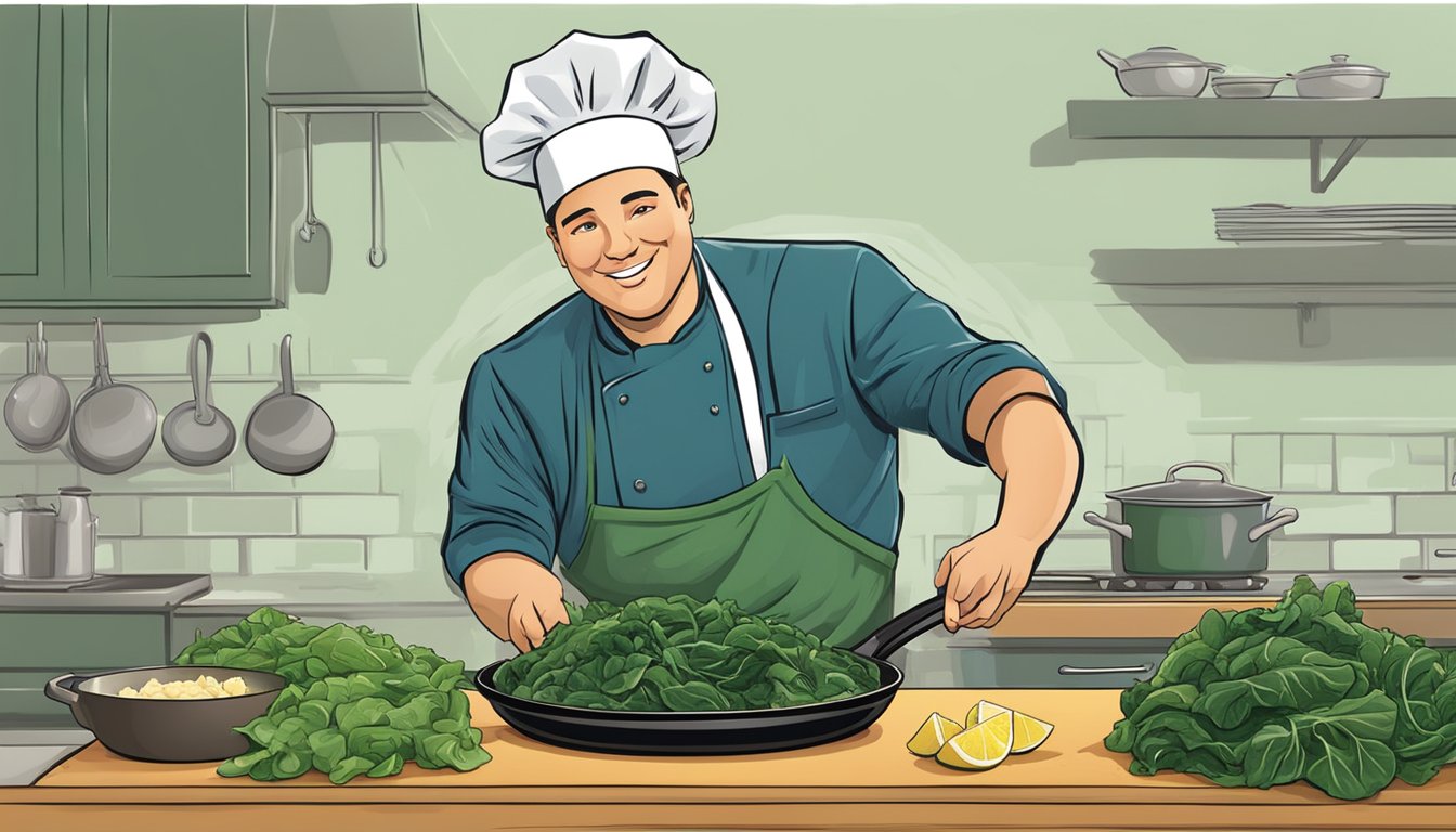 A chef tosses vibrant collard greens in a sizzling pan, adding garlic and lemon for a nutrient-packed side dish