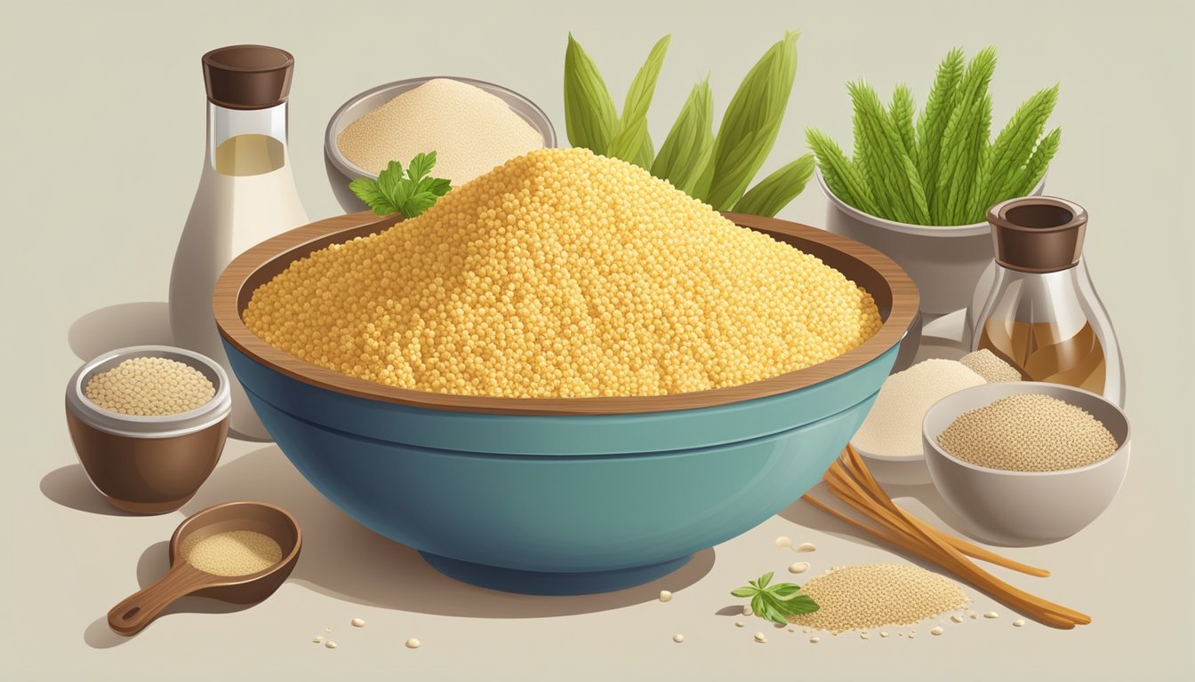 A bowl of cooked millet surrounded by various ingredients and cooking utensils on a kitchen counter