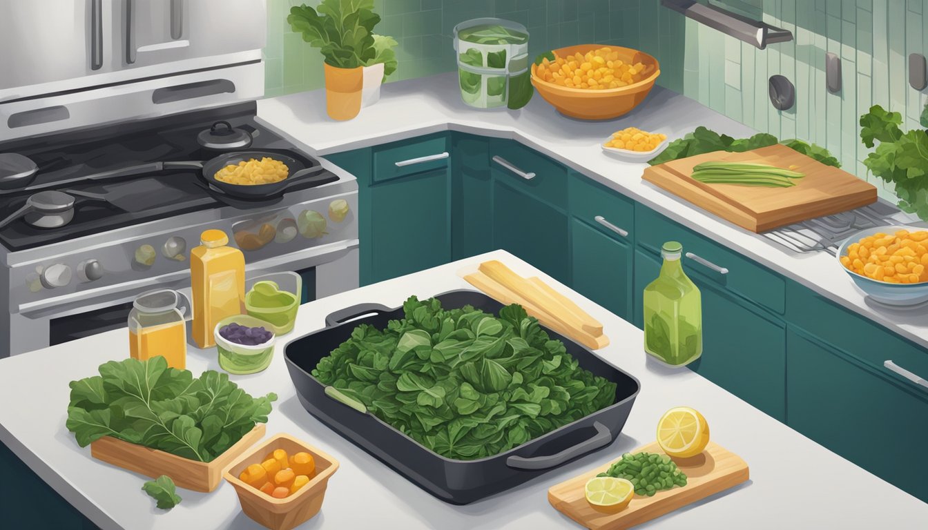 A colorful array of fresh collard greens being chopped and cooked in a skillet, surrounded by various containers of leftover food being stored in the refrigerator