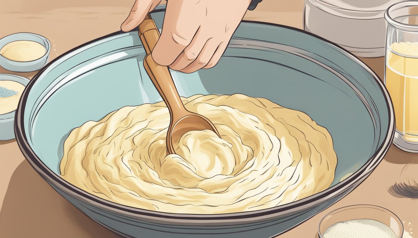 A hand mixing xanthan gum into a bowl of gluten-free batter