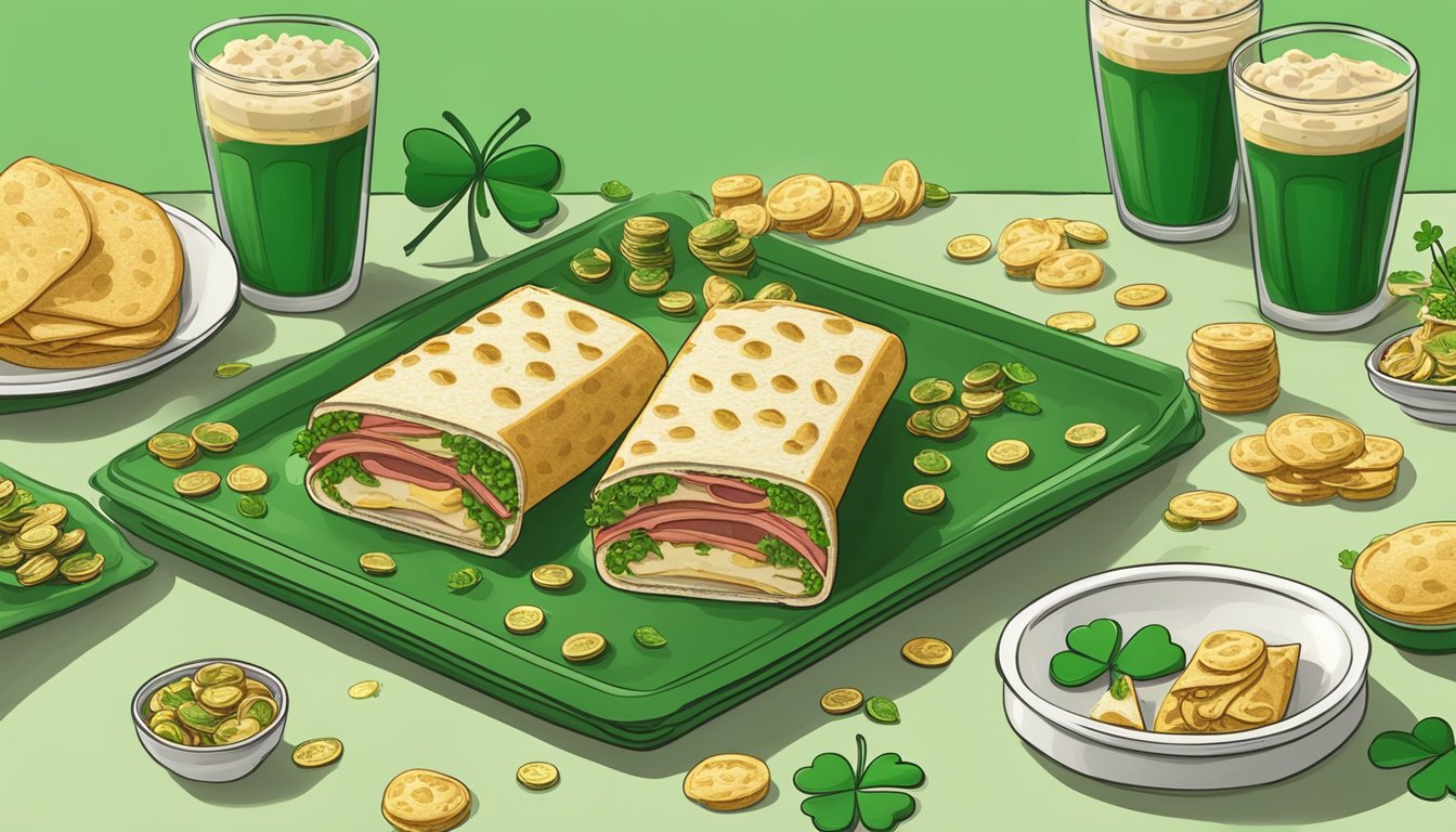 A festive St. Patrick's Day meal prep scene with 10 Reuben sandwich wraps arranged on a green platter, surrounded by shamrocks and gold coins