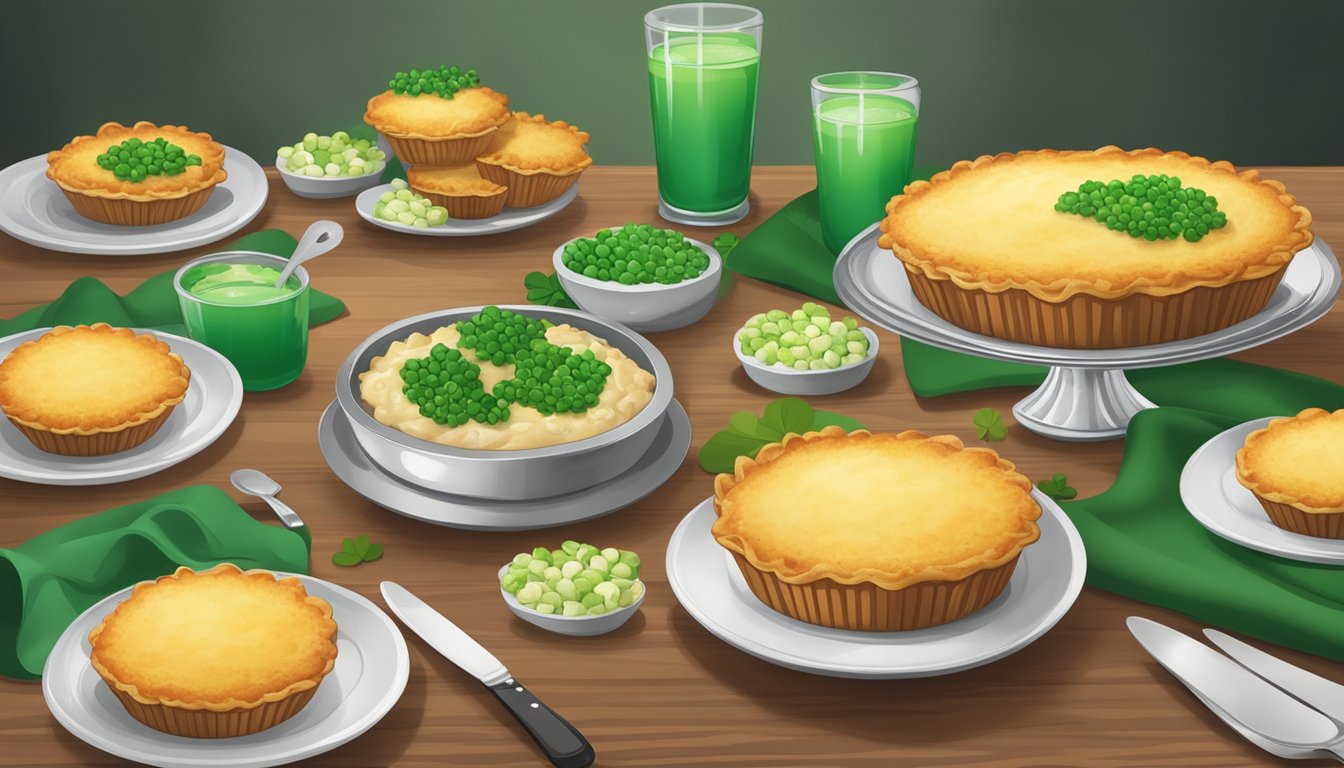 A table set with 10 individual shepherd's pie cups, surrounded by St. Patrick's Day decorations