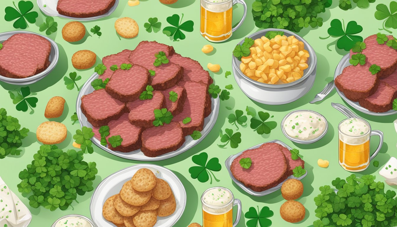 A festive spread of corned beef bites, surrounded by green clovers and St. Patrick's Day decor