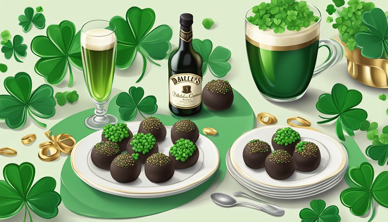 A table set with 10 Baileys Irish Cream truffles, surrounded by green clovers and St. Patrick's Day decorations