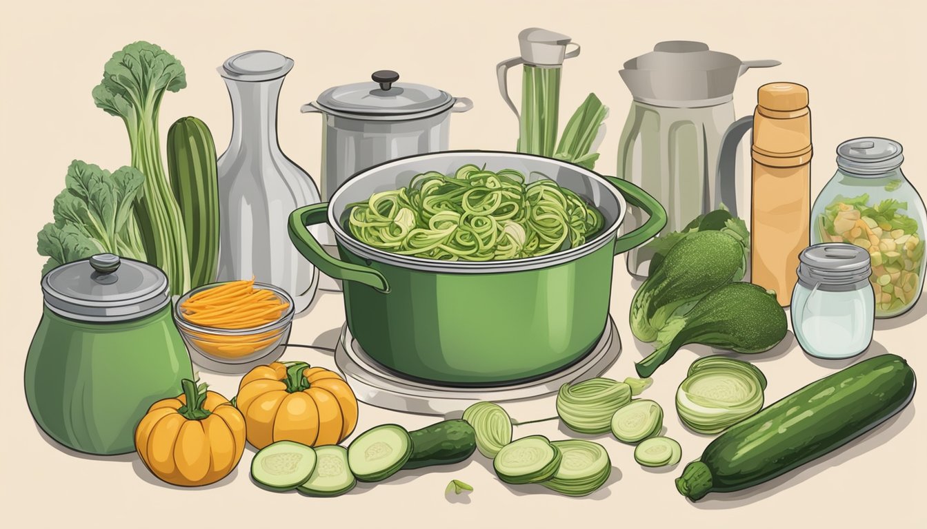 A person holding zucchinis and a spiralizer, surrounded by various ingredients and cooking utensils, with a pot on the stove