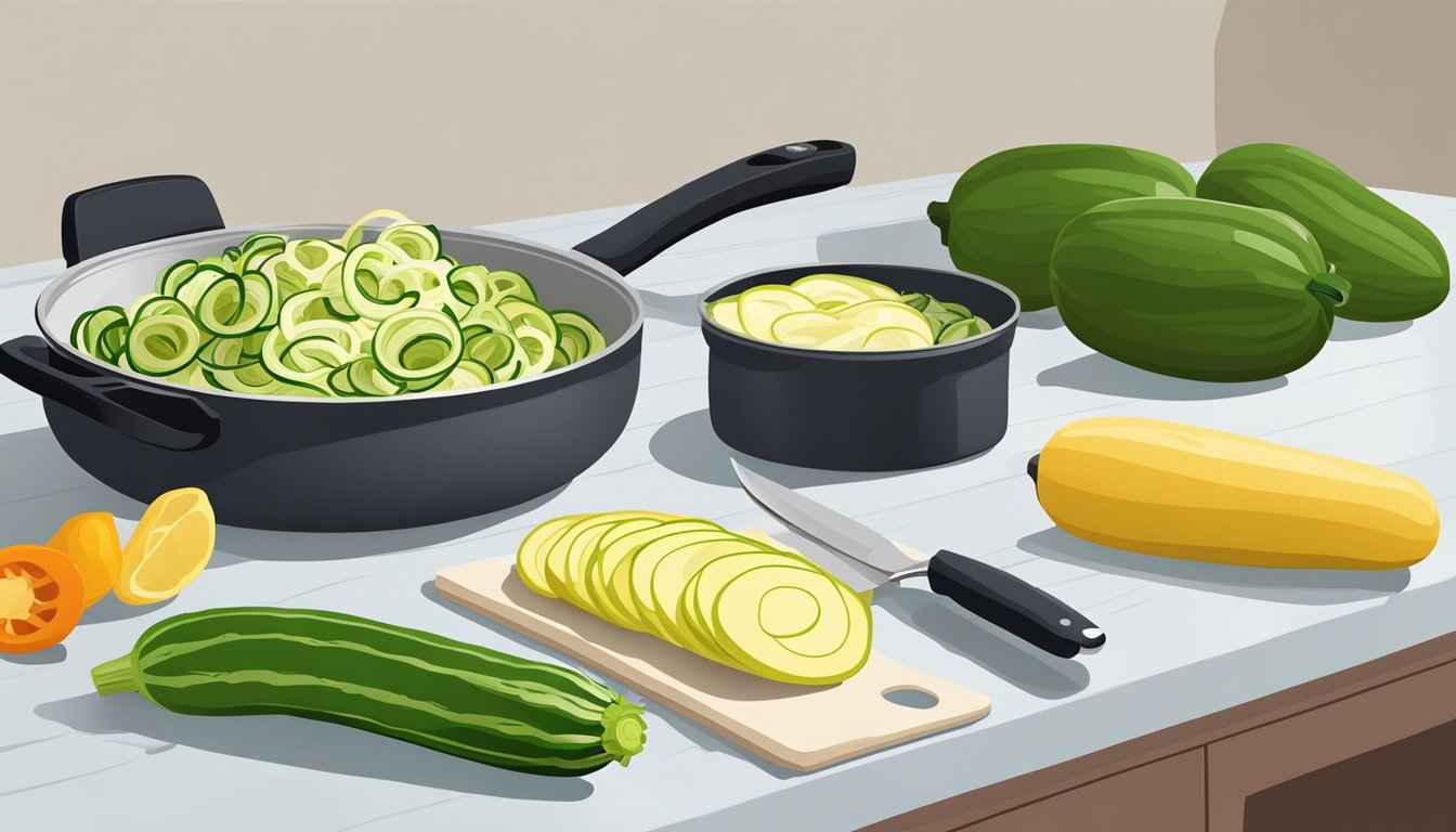 A countertop with a spiralizer, cutting board, knife, and zucchini. A pot of boiling water and a skillet on a stovetop