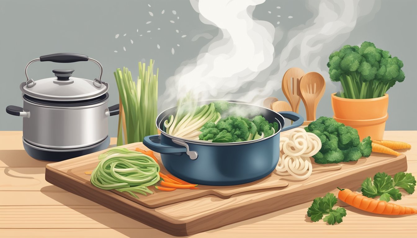 A hand reaches for fresh vegetables and udon noodles on a wooden cutting board, surrounded by kitchen utensils and a steaming pot on the stove