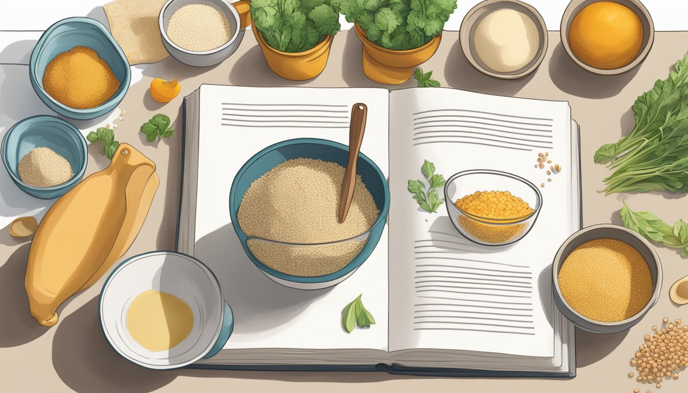 A kitchen counter with bowls of ingredients, a mixing bowl with quinoa flour, and a recipe book open to 5 meal prep ideas