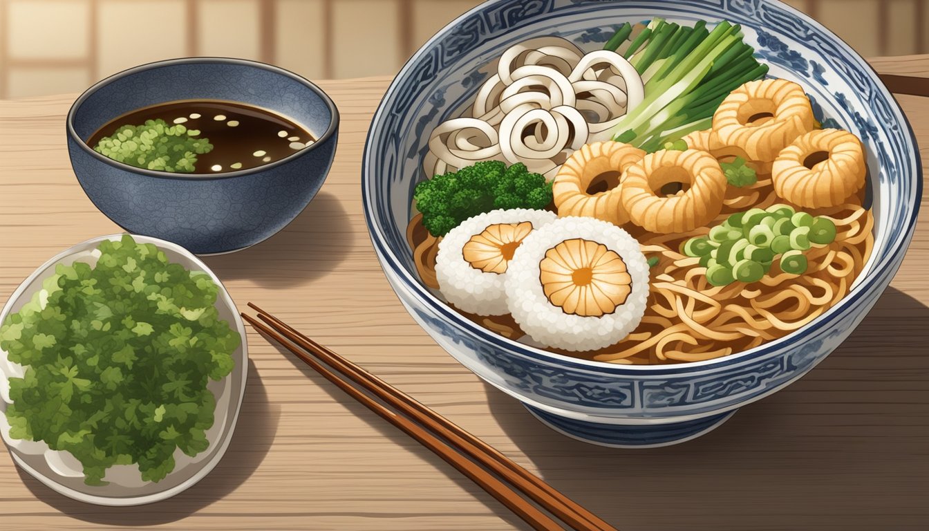 A steaming bowl of udon noodles in a traditional Japanese ceramic dish, garnished with green onions and sliced fish cakes, accompanied by chopsticks on a wooden table