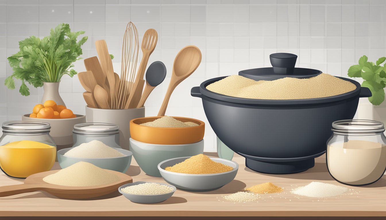 A kitchen counter with bowls of ingredients, a mixing bowl with quinoa flour, and various cooking utensils for meal prep