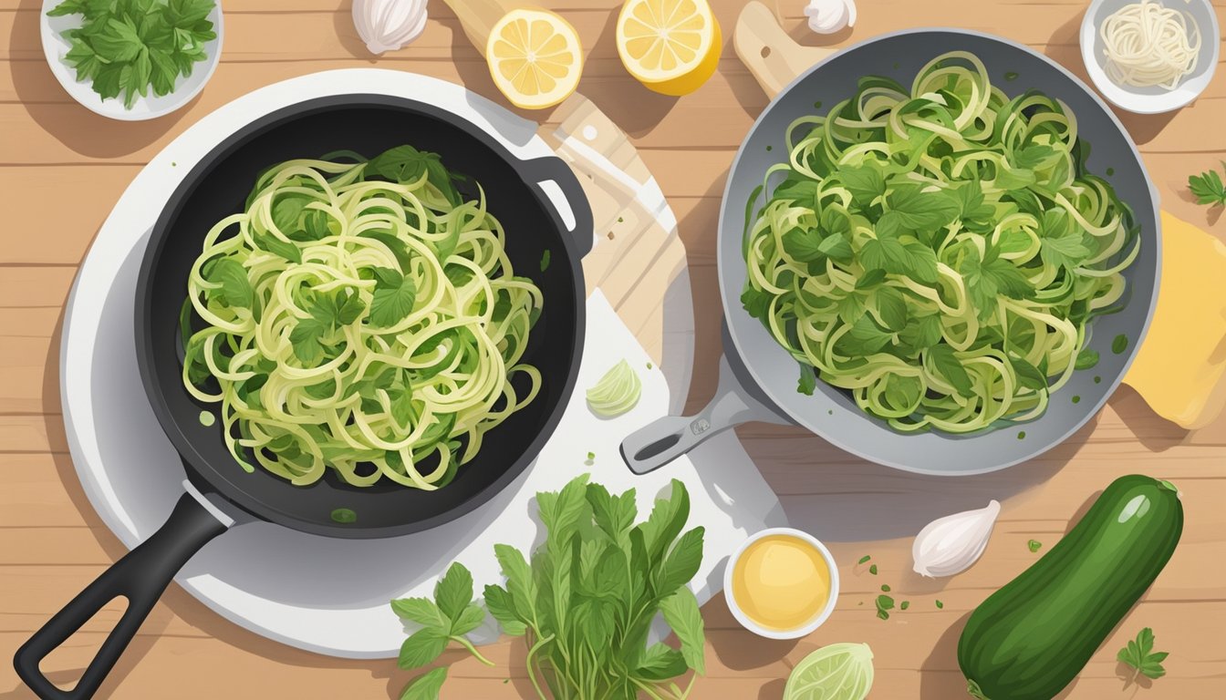 A chef sautéing zucchini noodles in a skillet with fresh herbs and vegetables, creating a low carb pasta dish