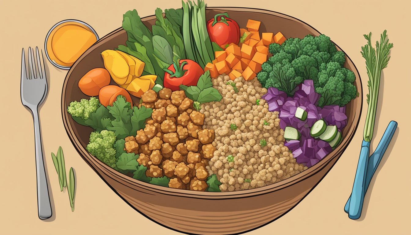 A colorful bowl filled with tempeh, quinoa, and an assortment of fresh vegetables, neatly arranged for meal prep