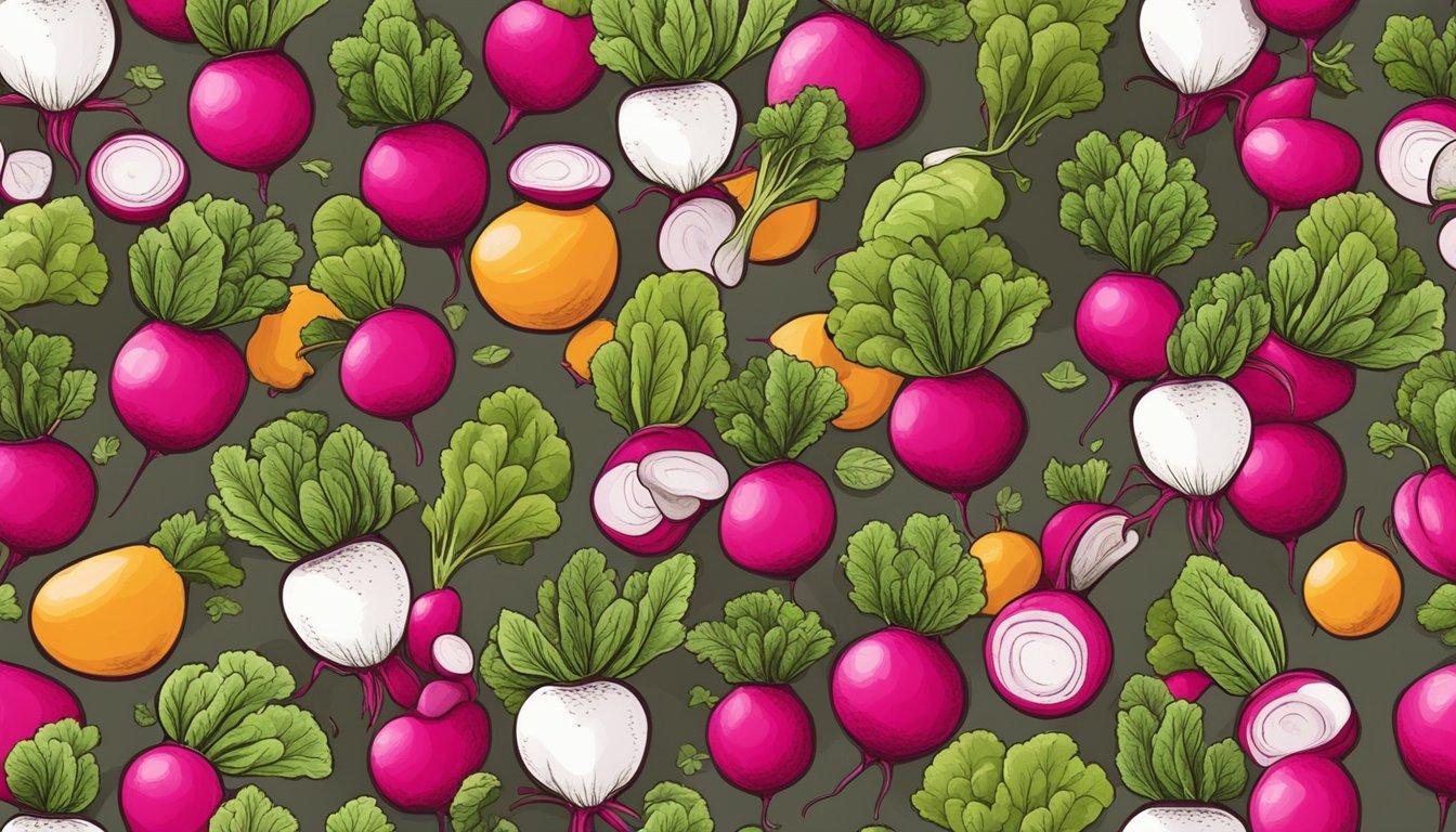 A colorful array of radish varieties arranged on a cutting board, surrounded by fresh herbs and spices, ready to be prepared for a crunchy, peppery dish