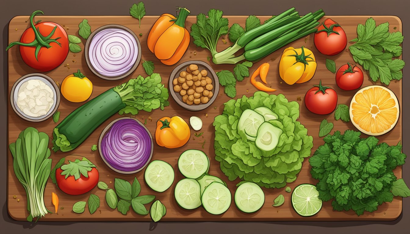 A colorful array of fresh vegetables and tempeh arranged on a cutting board, surrounded by various herbs and spices