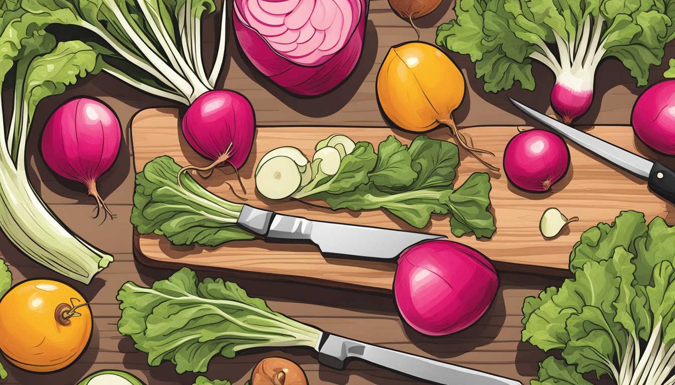 A colorful array of fresh radishes, lettuce, and other vegetables arranged on a cutting board, with a chef's knife and a bowl of vinaigrette nearby