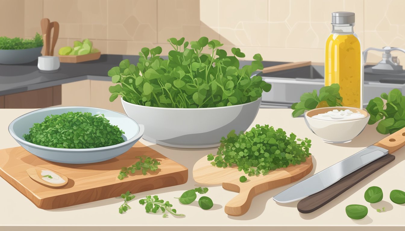 A bright kitchen counter with a bowl of watercress, a cutting board, knife, and various salad ingredients nearby