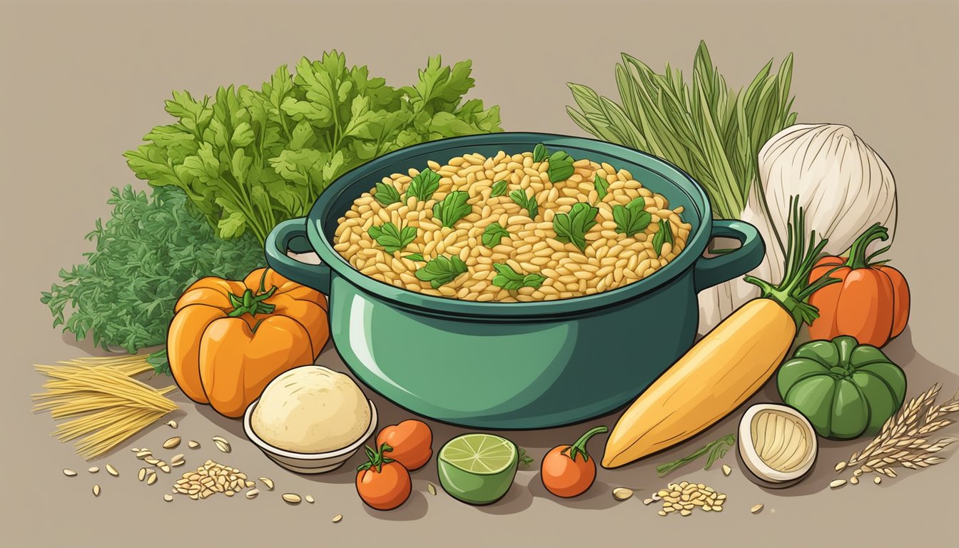 A colorful array of fresh vegetables and herbs surround a pot of boiling orzo, with alternative grains and pasta displayed nearby