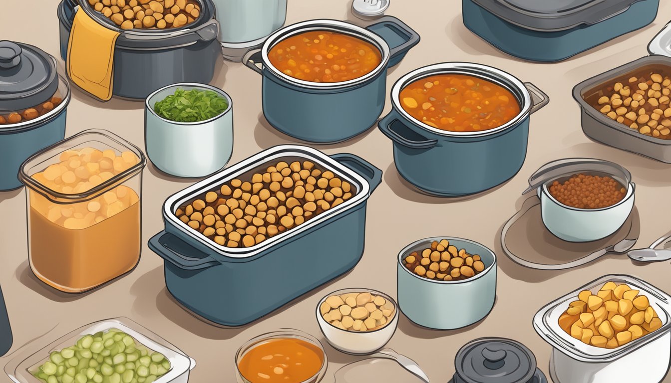 A simmering pot of spiced chickpea and tomato stew surrounded by various meal prep containers filled with different chickpea-based dishes