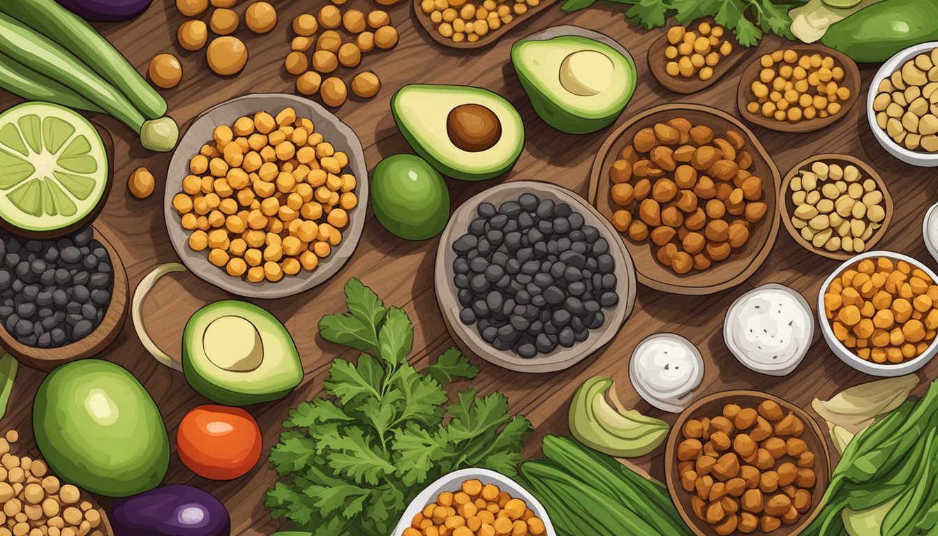 A colorful array of roasted chickpeas, sliced avocado, and fresh vegetables arranged on a wooden cutting board, ready to be assembled into delicious wraps