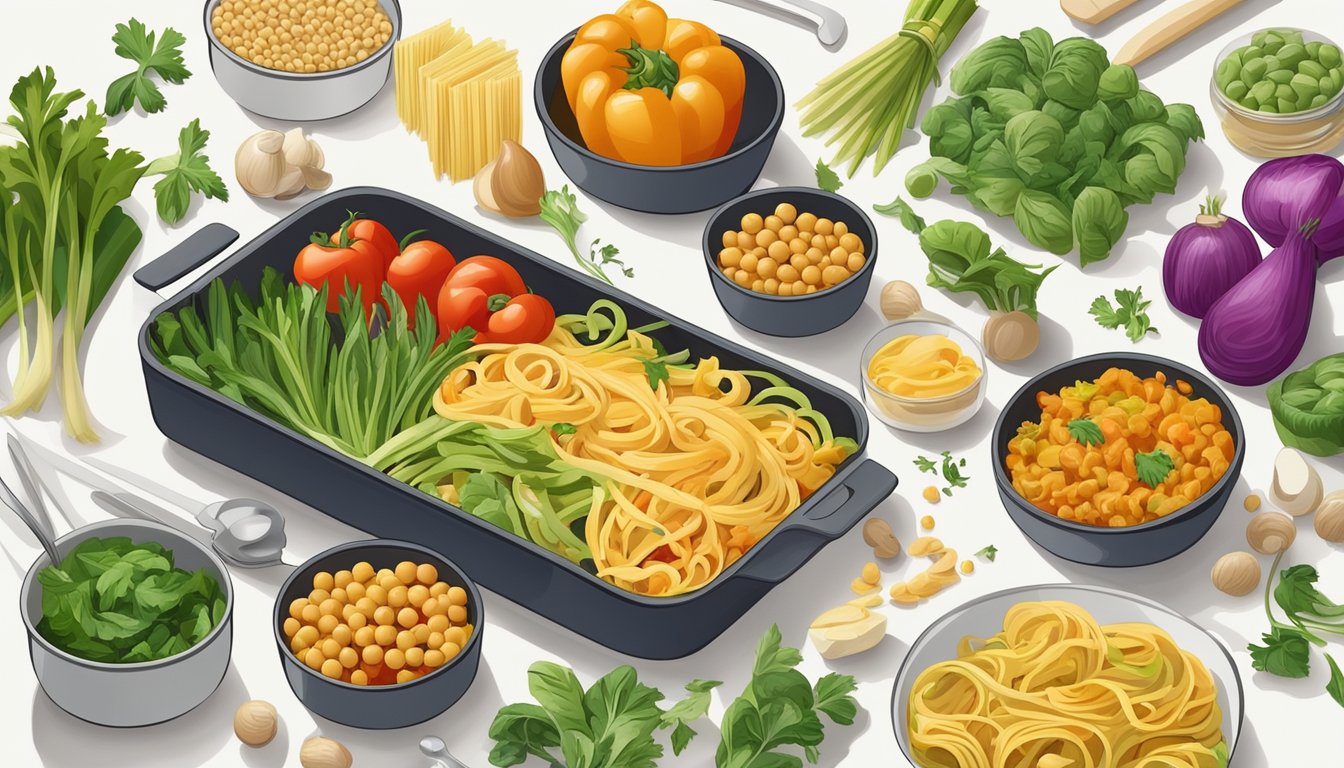 A colorful array of fresh vegetables and chickpea pasta arranged on a clean, white countertop, surrounded by various cooking utensils and meal prep containers