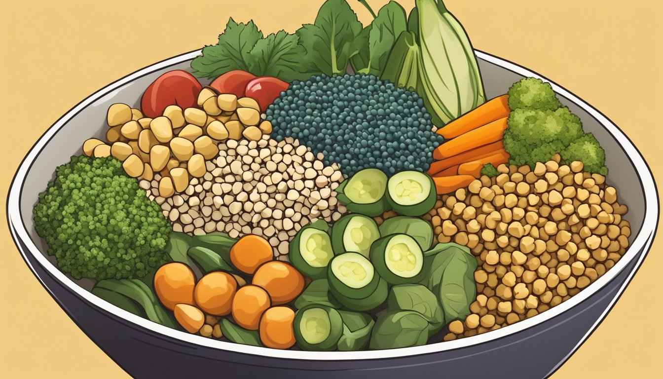 A colorful Buddha bowl filled with chickpeas, quinoa, and various vegetables, arranged in an aesthetically pleasing manner