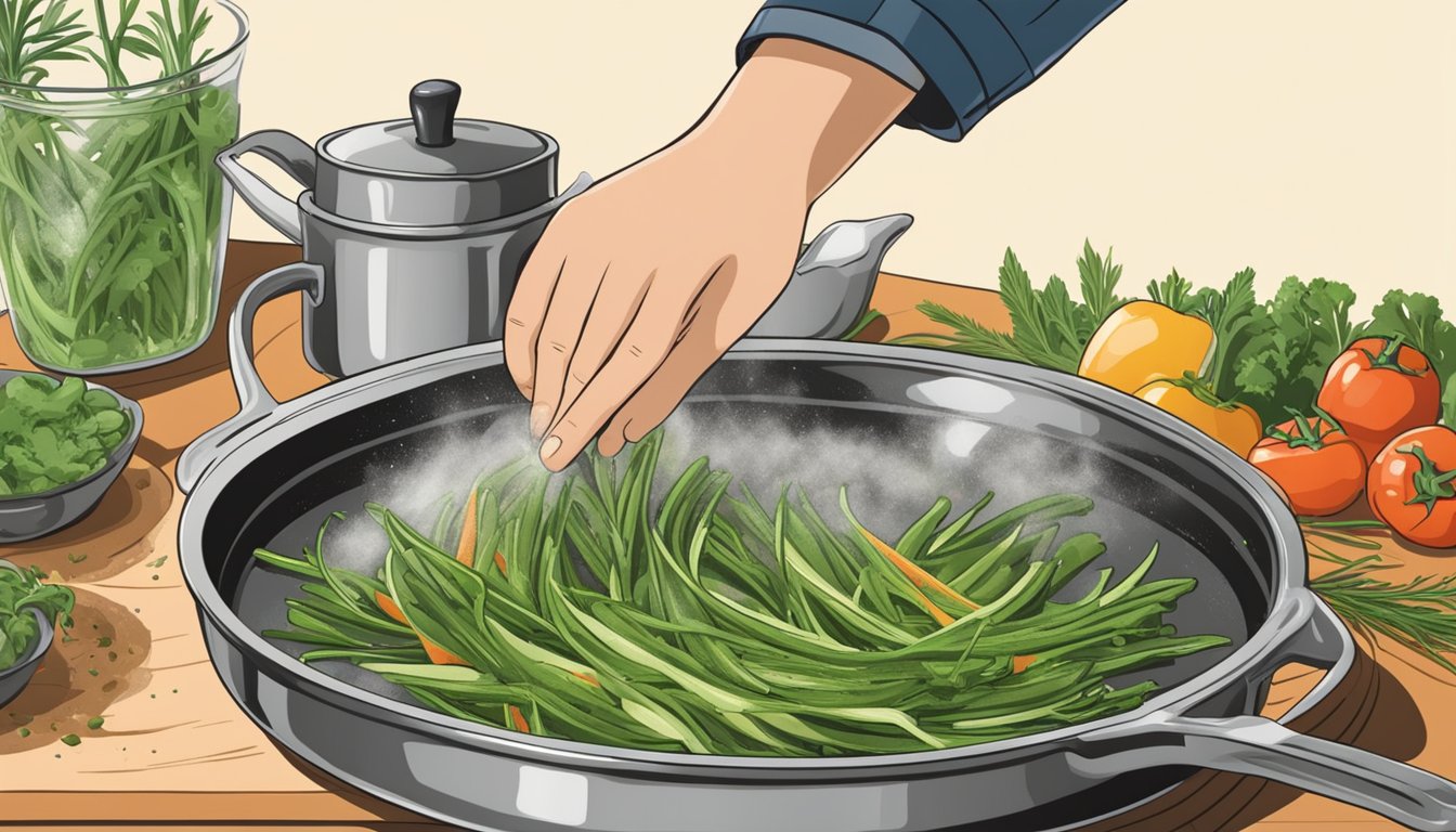 A hand sprinkling fresh tarragon onto a sizzling pan of vegetables