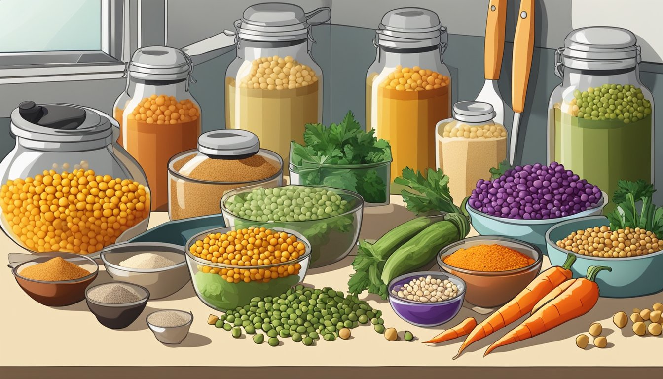 A colorful array of chickpeas, vegetables, and spices arranged on a kitchen counter, with various cooking utensils and containers nearby