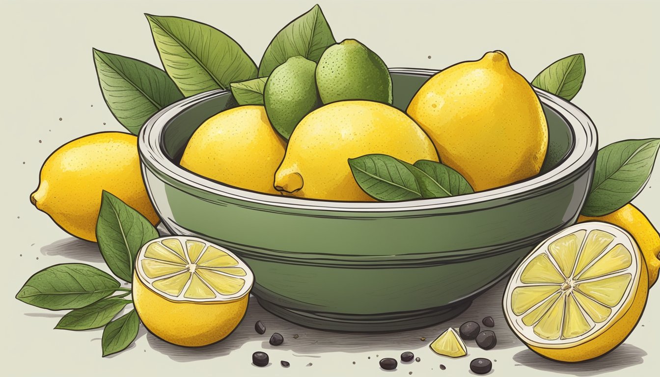 A bowl of fresh lemons with a zester, surrounded by ingredients like herbs, spices, and fruits, ready to be used for cooking