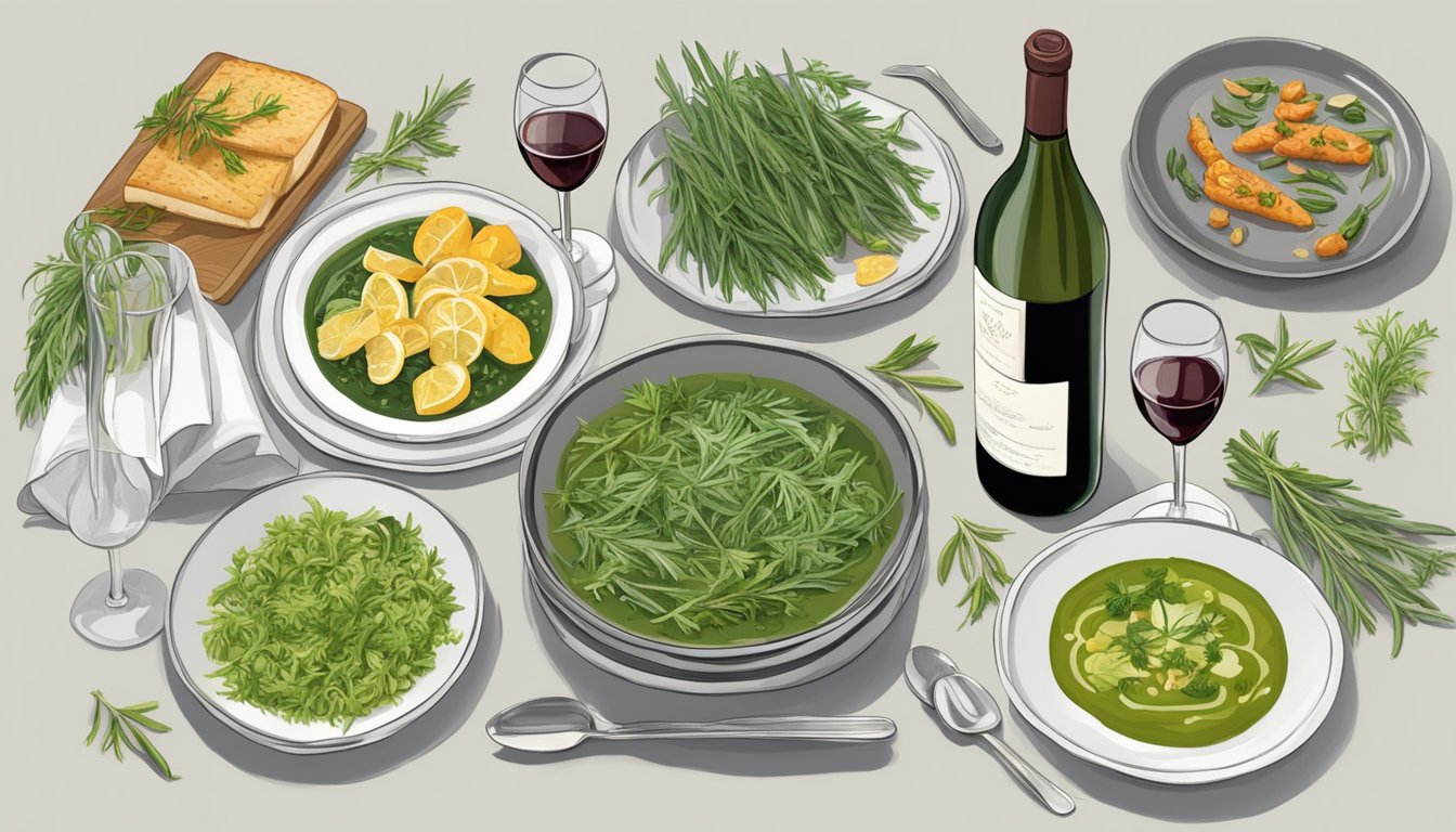 A table set with a variety of tarragon-infused dishes and corresponding wine pairings, with fresh tarragon sprigs as garnish