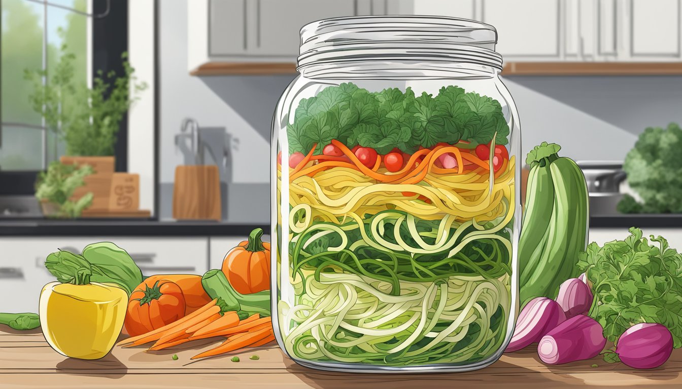 A mason jar filled with layers of vibrant zucchini noodles, colorful vegetables, and fresh greens, ready for meal prep