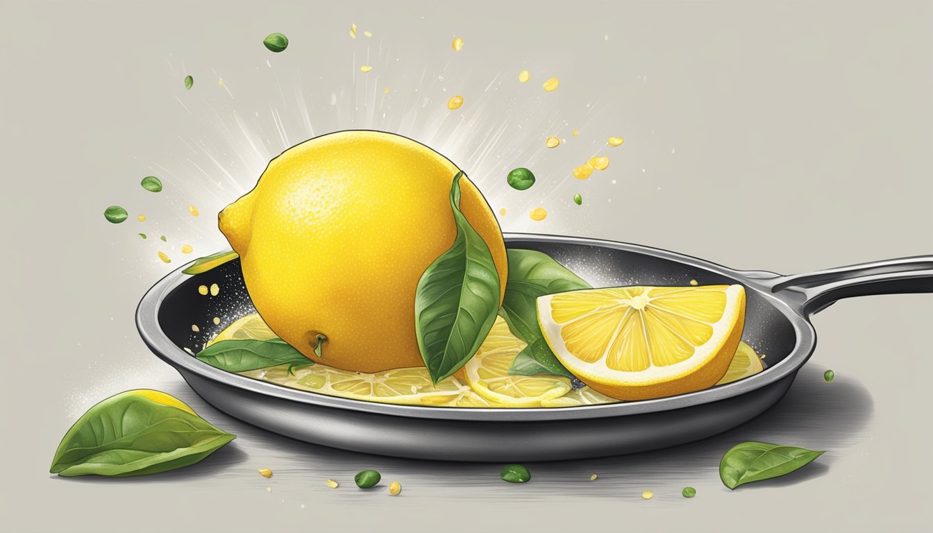 A lemon being zested over a sizzling pan of food, releasing a burst of bright citrus aroma