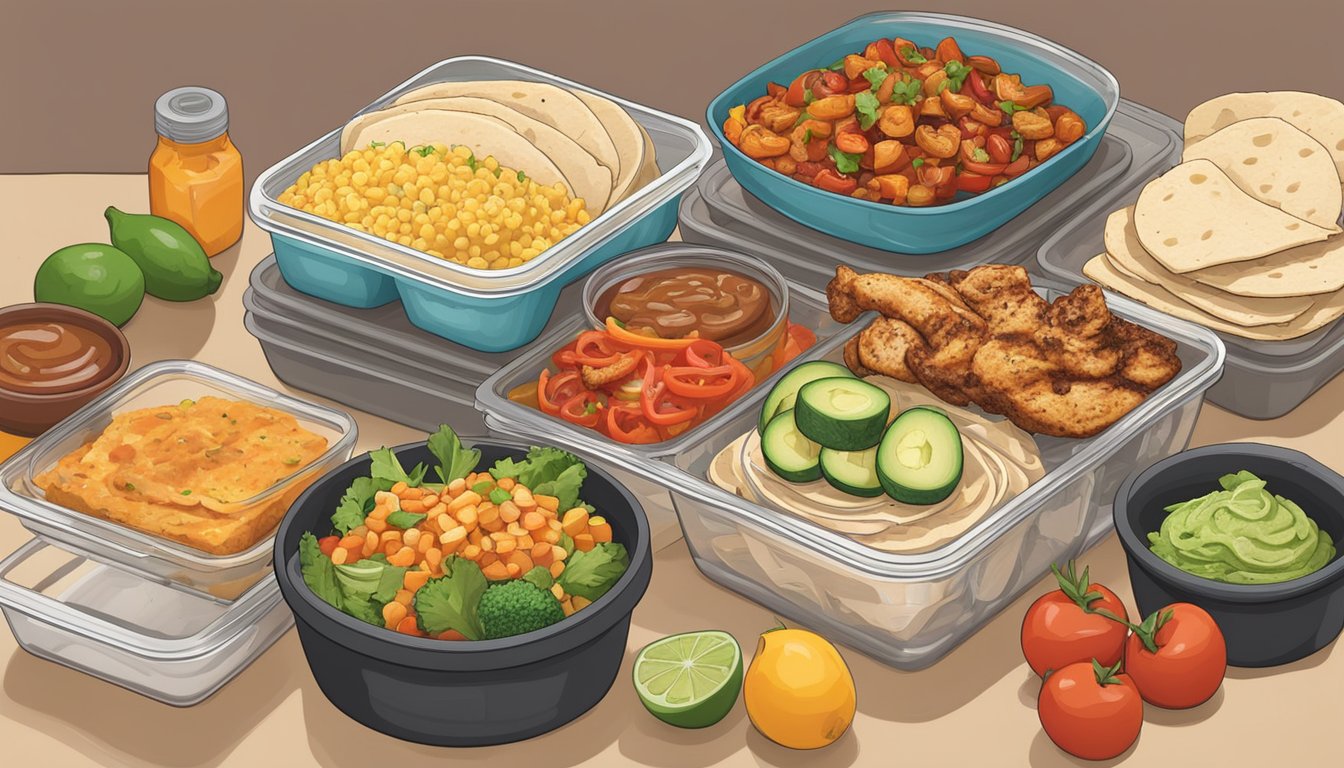 A colorful spread of fresh ingredients, including grilled chicken, spicy chipotle sauce, and various toppings, arranged around a stack of tortillas and meal prep containers