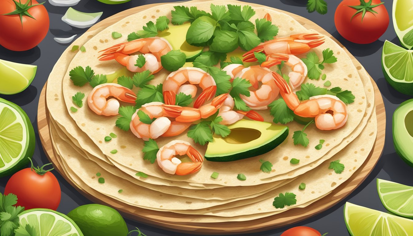 A colorful array of fresh ingredients - shrimp, lime, avocado, tomatoes, and cilantro - arranged around a stack of tortillas