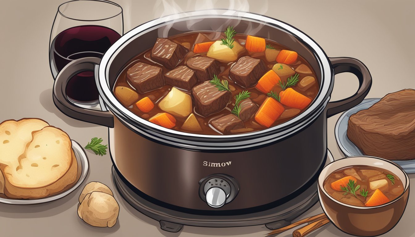 A steaming pot of beef stew simmers on a stovetop, with chunks of meat, carrots, and potatoes peeking out from the rich, red wine-infused broth