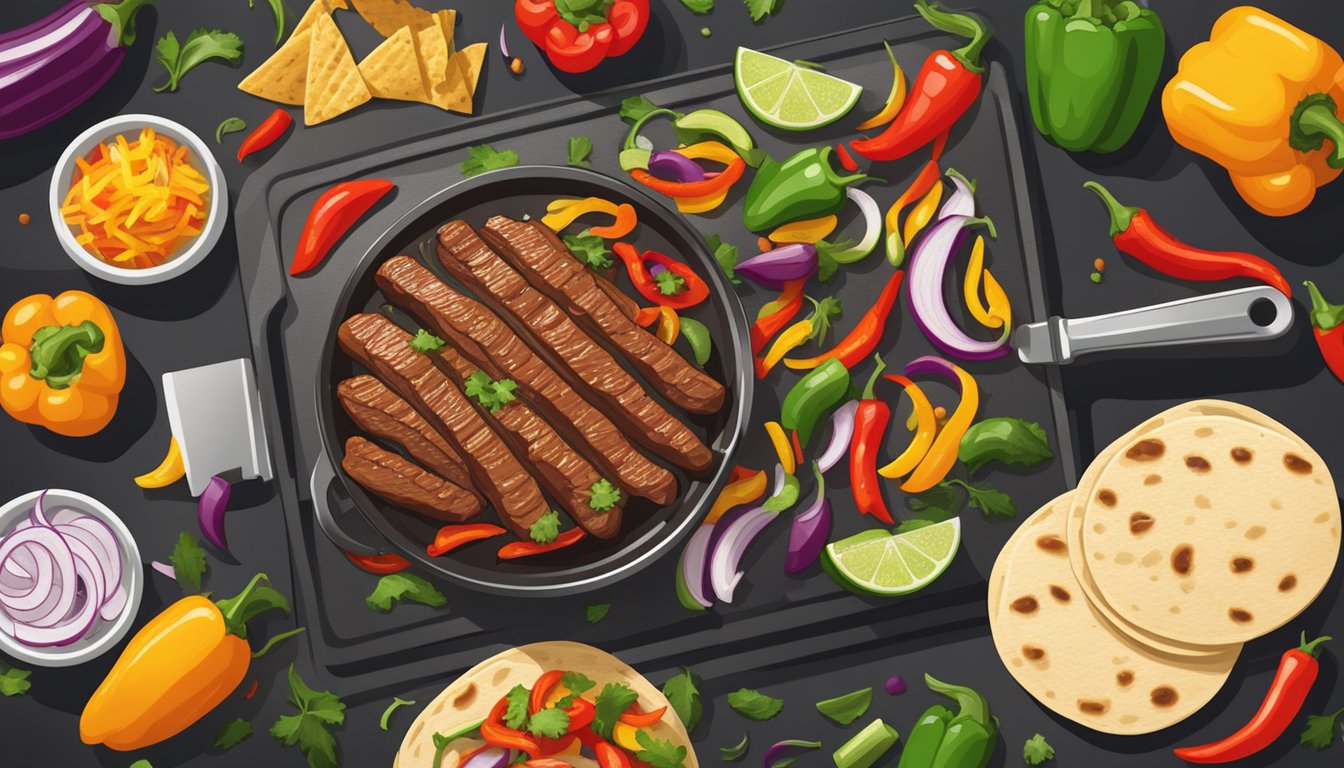 A sizzling steak fajita sizzling on a grill, surrounded by colorful peppers and onions, with tortillas and various healthy ingredients laid out for meal prep