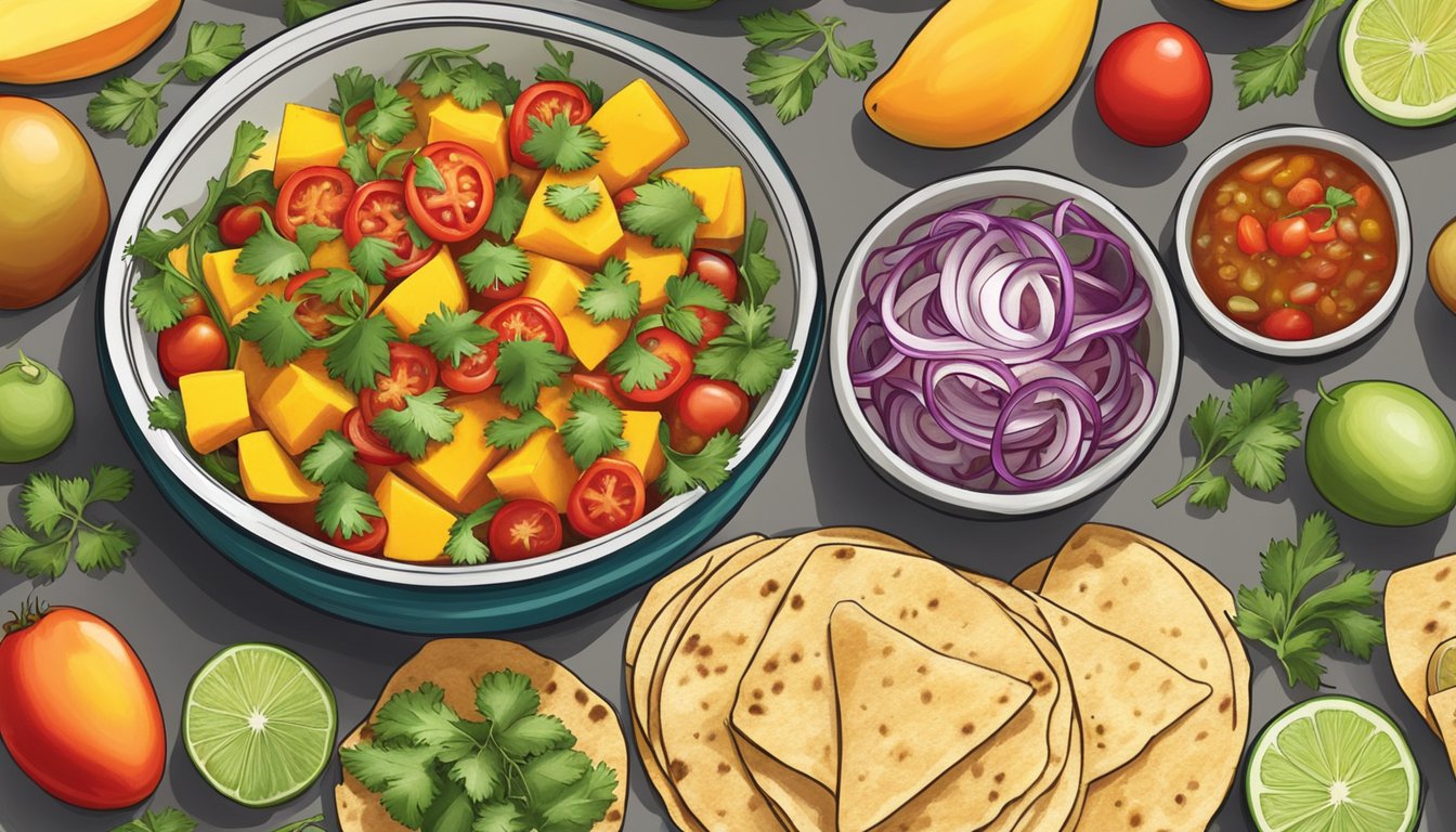 A colorful array of fresh mango, tomatoes, onions, and cilantro arranged around a bowl of tangy mango salsa, alongside a stack of tortillas and various taco fillings