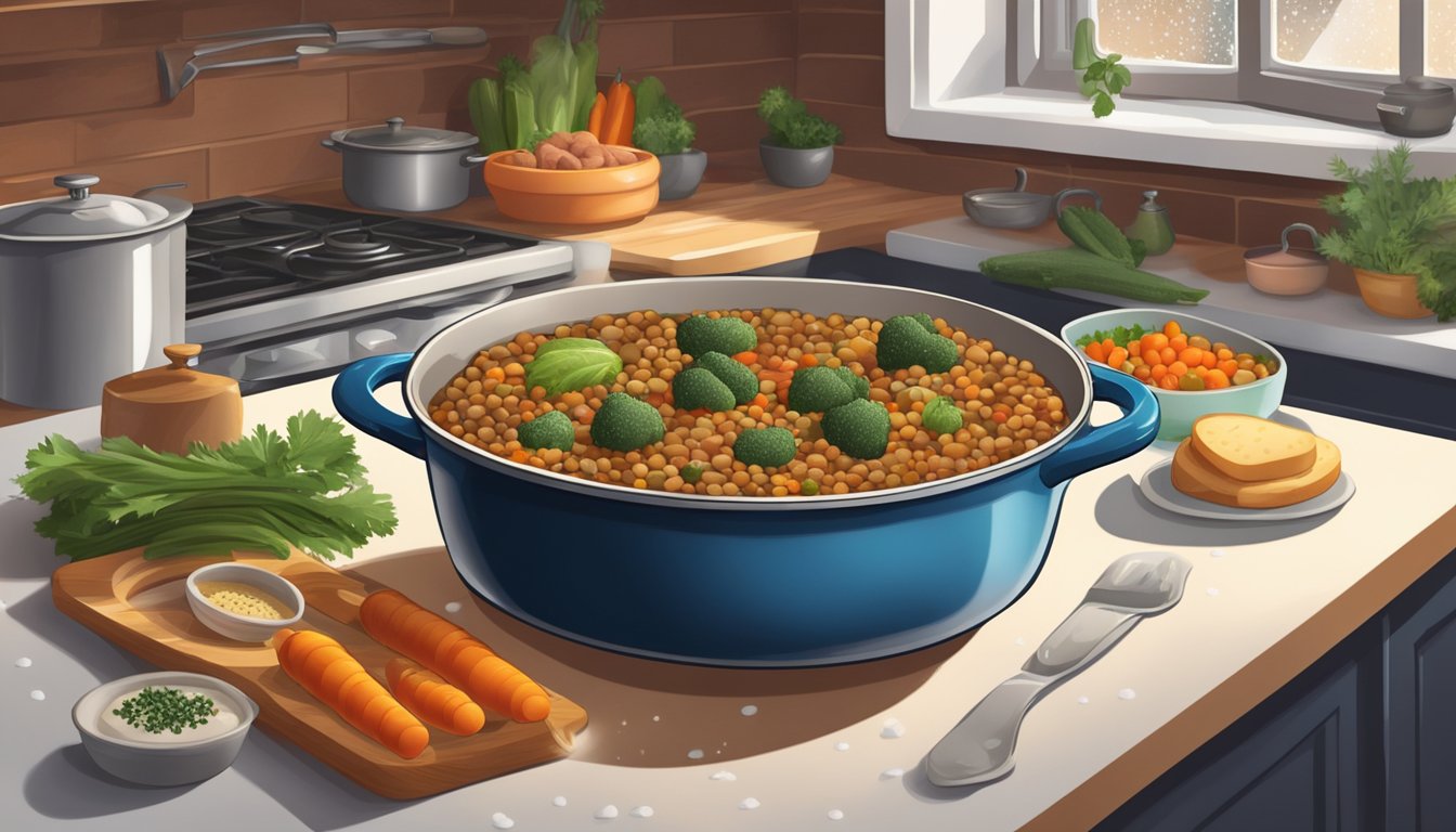 A steaming casserole dish filled with lentils, sausage, and hearty winter vegetables, surrounded by a cozy kitchen with snow falling outside