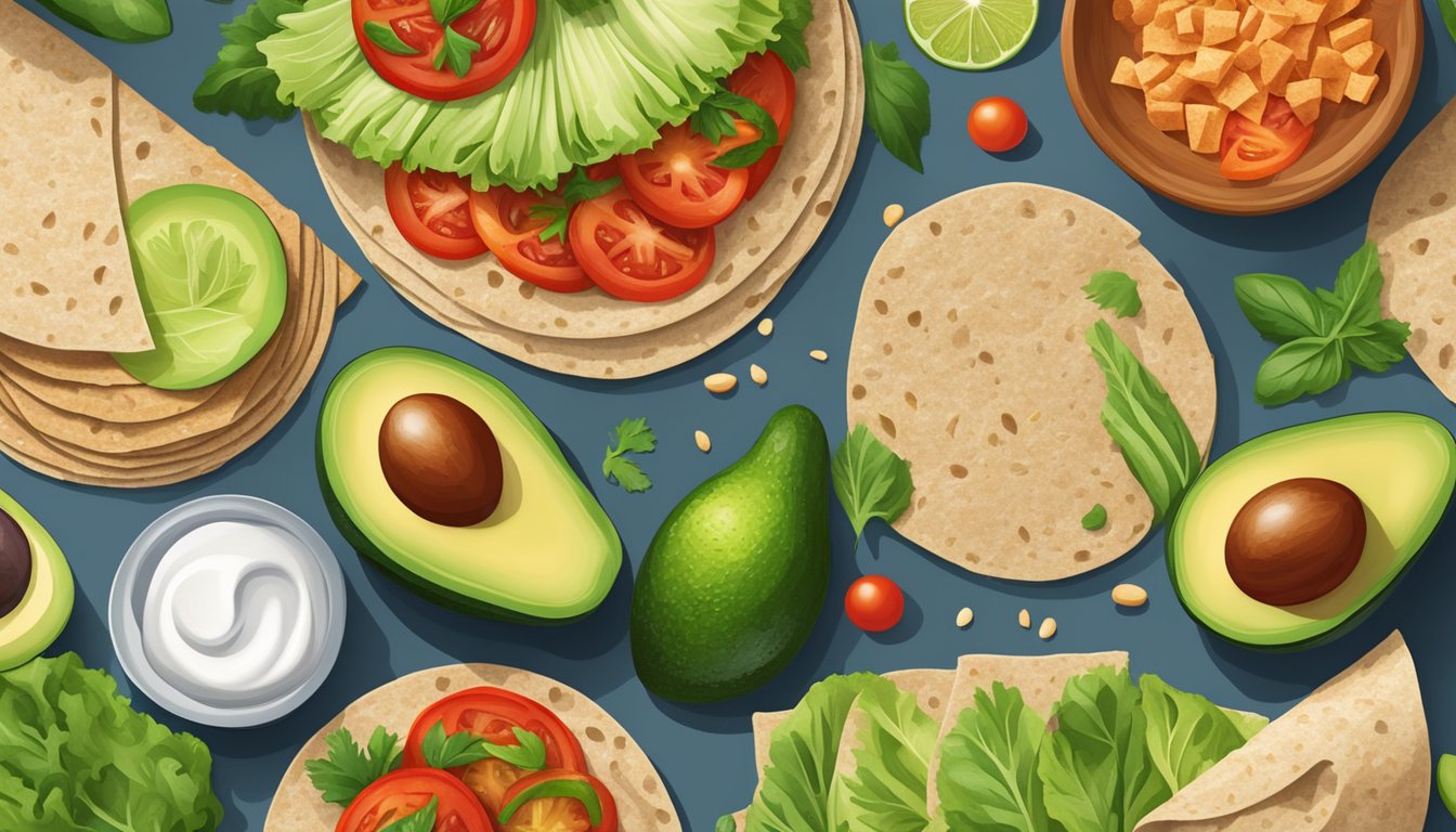 A colorful array of fresh ingredients like tomatoes, avocados, lettuce, and lean proteins arranged around a stack of whole grain tortillas and wraps