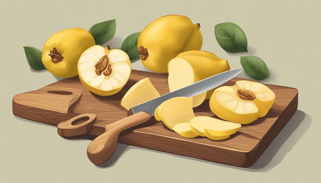 A quince being sliced and paired with other ingredients like cheese, honey, and nuts on a wooden cutting board